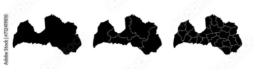 Set of isolated Latvia maps with regions. Isolated borders, departments, municipalities.