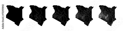 Set of isolated Kenya maps with regions. Isolated borders, departments, municipalities.
