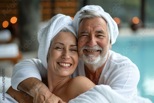 Happy senior couple sitting in relaxation room after sauna session in spa