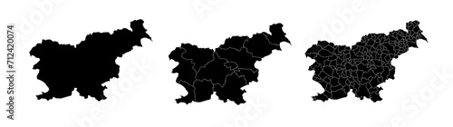 Set of isolated Slovenia maps with regions. Isolated borders, departments, municipalities.
