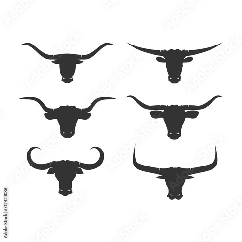 Bull head icon set. Bullhead silhouette long horn vector template
