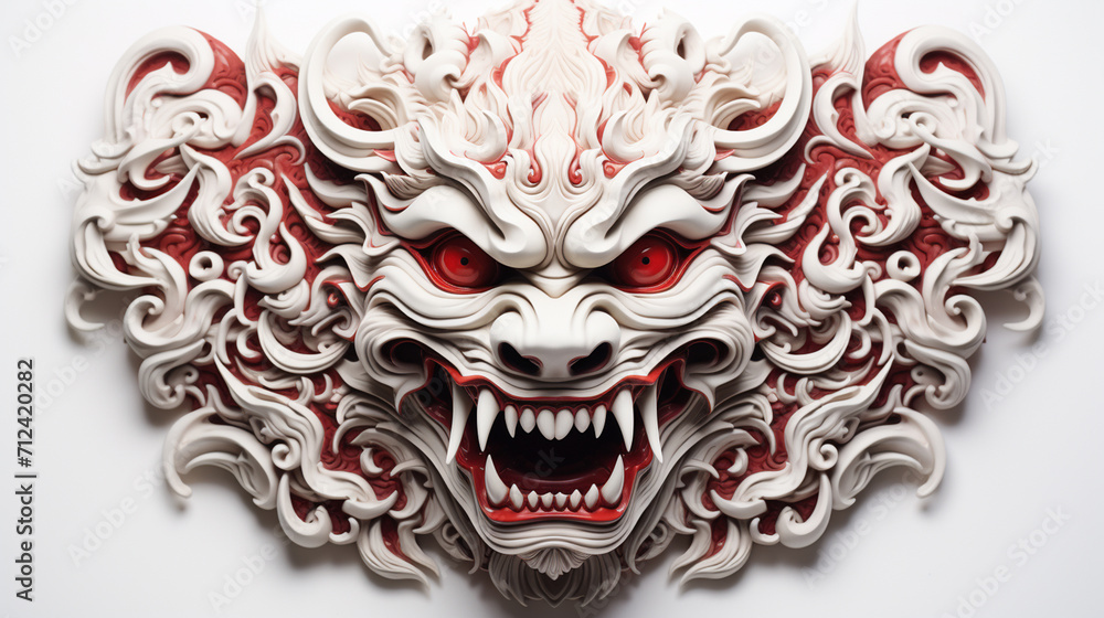 Balinese motif lion illustration, beautiful carving , very fierce, sharp gaze, red colorful , red , white , generate AI