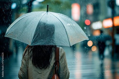 Back view of woman walking in the street with transparent umbrella on a rainy day.