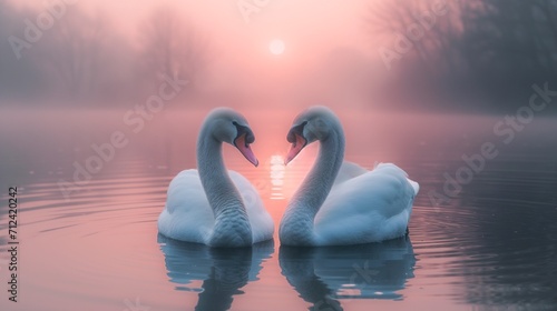 Two swans on the lake at sunrise. Beautiful swans in love. Generative AI.