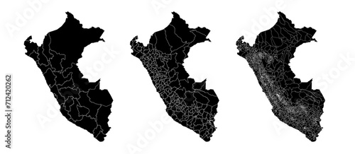 Set of isolated Peru maps with regions. Isolated borders, departments, municipalities.