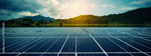 View of large solar panels. Climate change concerns. Climate resilience.