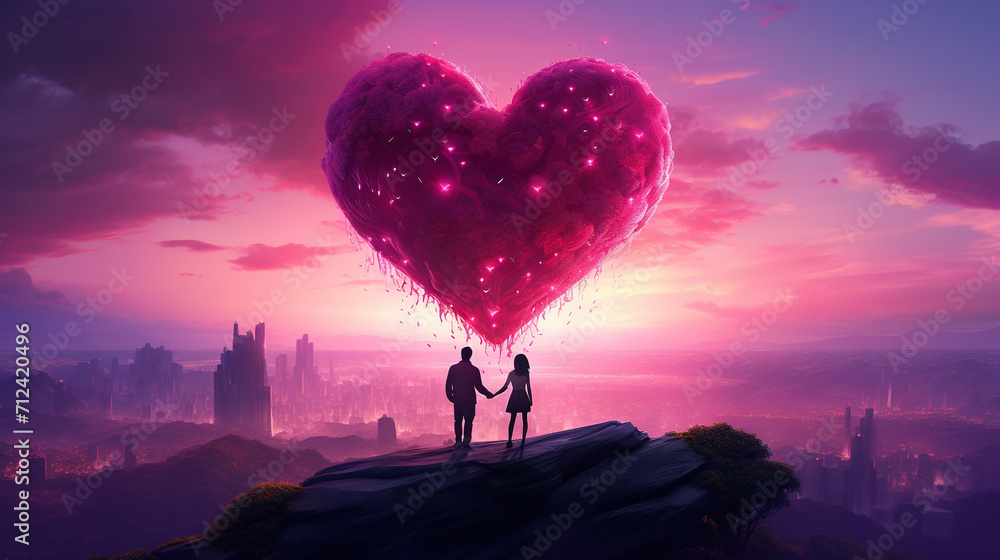 Valentine Day card with loving couple looking at the beautiful heart symbol on the romantic and magic surreal landscape - obrazy, fototapety, plakaty 