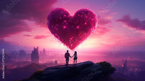 Valentine Day card with loving couple looking at the beautiful heart symbol on the romantic and magic surreal landscape