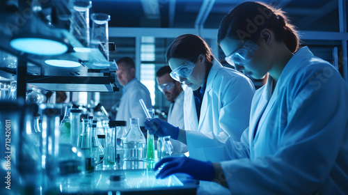 Group of doctors looking at microscope, doin g research in laboratory, working in teamwork and medicine medical, health care, lab, microbiology, generative ai 