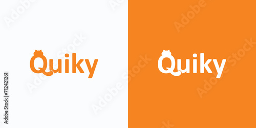 Vector logo design illustration of a cat as the letter Q with a dangling tail.