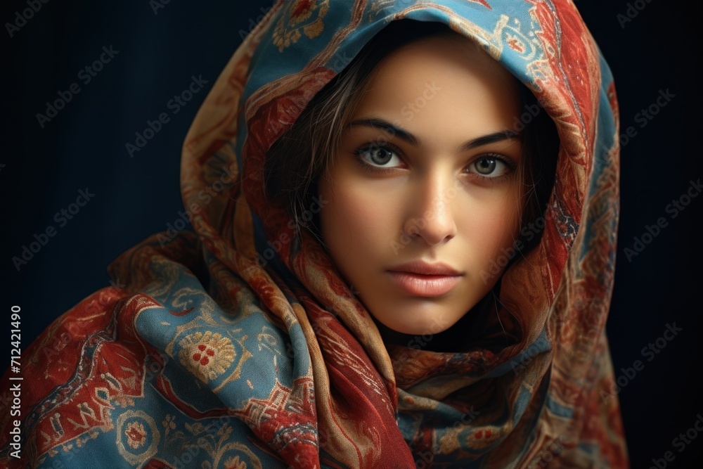 Close up portrait of young muslim woman in burqa