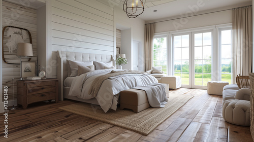  Farmhouse interior design of modern bedroom with hardwood floo photo