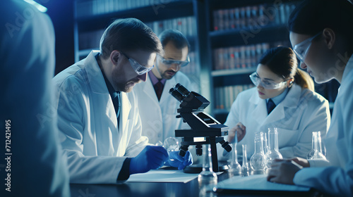 Group 
of doctors looking at microscope, doin   g research in laboratory, working in teamwork and medicine medical, health care, lab, microbiology, generative ai
