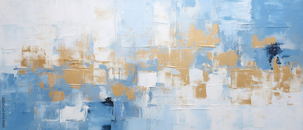 Abstract rough blue, white, and gold art painting texture background.