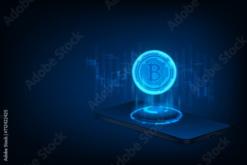 Vector abstract technology crypto currency concept. Bitcoin wallet application on mobile phone. Smart phone application. Template banner design.