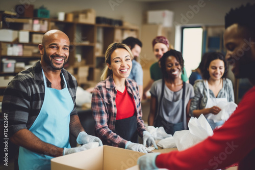 Candid shot of diverse group of people volunteering at the volunteer center. They are working as a team and sorting out various donation boxes for charity and less fortunate  photo
