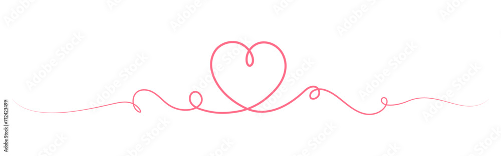 Valentine's Day border with continuous line and heart shape on transparent background. Pink love illustration for Valentine's Day or Mother's Day. - obrazy, fototapety, plakaty 