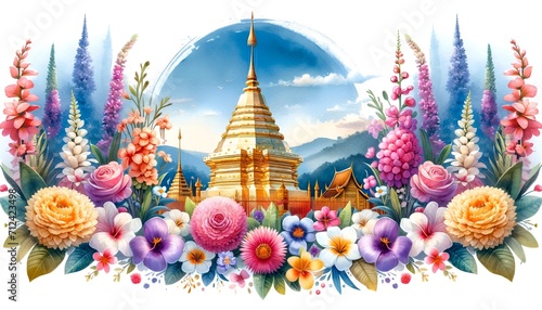 Golden pagoda in chiang mai with various colorful flowers in watercolor style.