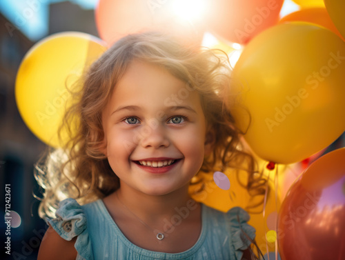 Young girl with balloons and a bright smile.