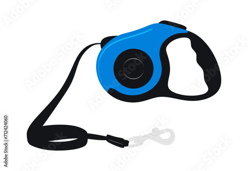 Roulette leash for dog and cat. Cartoon retractable leash for control and safety of pet at walk and training. Blue and black accessory with metal hook and cord. Flat vector illustration isolated