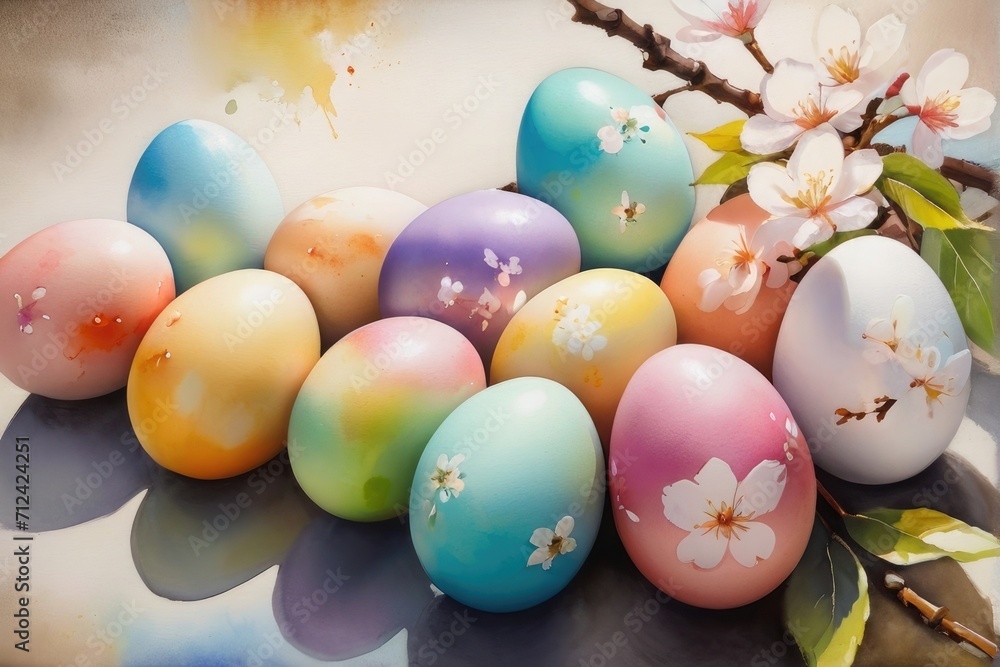 Happy easter Colorful of Easter eggs with flower rose and Feather cherry blossoms branches on a blue bright pink pastel paper background empty space.
