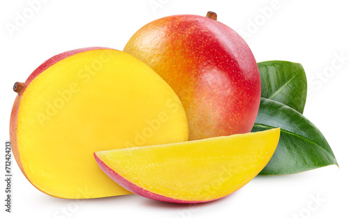 Fresh organic mango with leaves isolated on white background