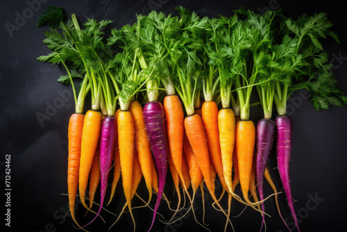 Top view of bunch of fresh organic rainbow carrots on black background representing concept of healthy food