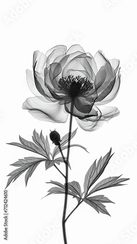 Black peony with transparent petals on a white background. Minimalistic flower in x-ray style. Black and white illustration.