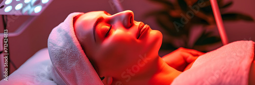 Woman receiving LED light therapy for skin cleansing and anti-aging at a spa resort. photo