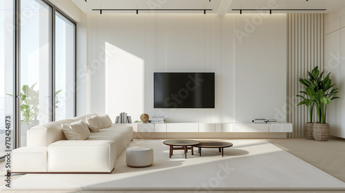 White sofa and tv unit in spacious room. Luxury home interior design of modern living room  panorama