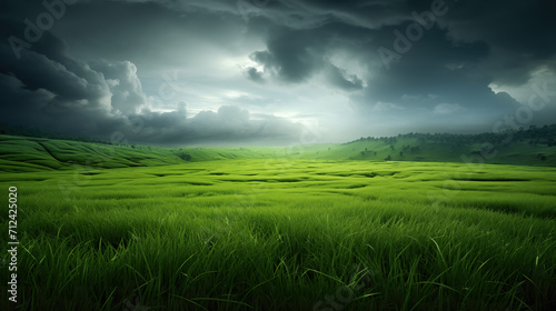 a big grass field at night, dark clouds