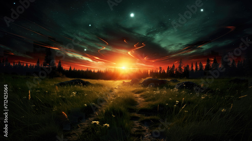 fantasy inspired night evening dawn scenery with a wide road
