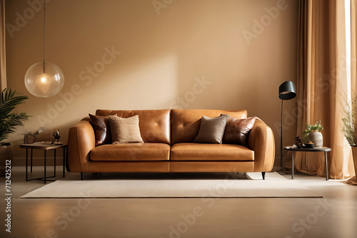 Modern living room with leather sofa and decoration in warm beige background design.