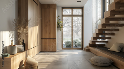 Wooden cabinet near window and staircase. Scandinavian interior design of modern entrance hal