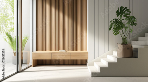 Wooden cabinet near window and staircase. Scandinavian interior design of modern entrance hal