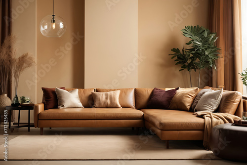 Modern living room with leather sofa and decoration in warm beige background design. © Mahmud