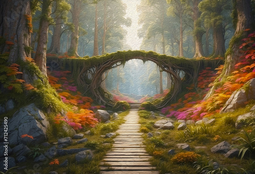 A bridge/arch made of tree roots in a colourful forest