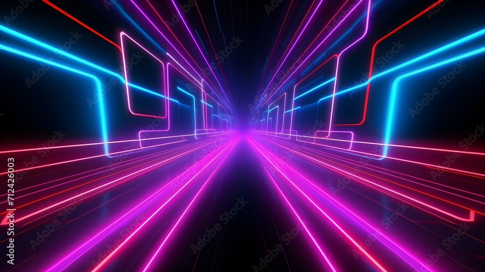 Abstract neon light rays background. A Colorful Motion Background of City Light Trails. Purple glowing wave swirl, impulse cable lines. Long time exposure.