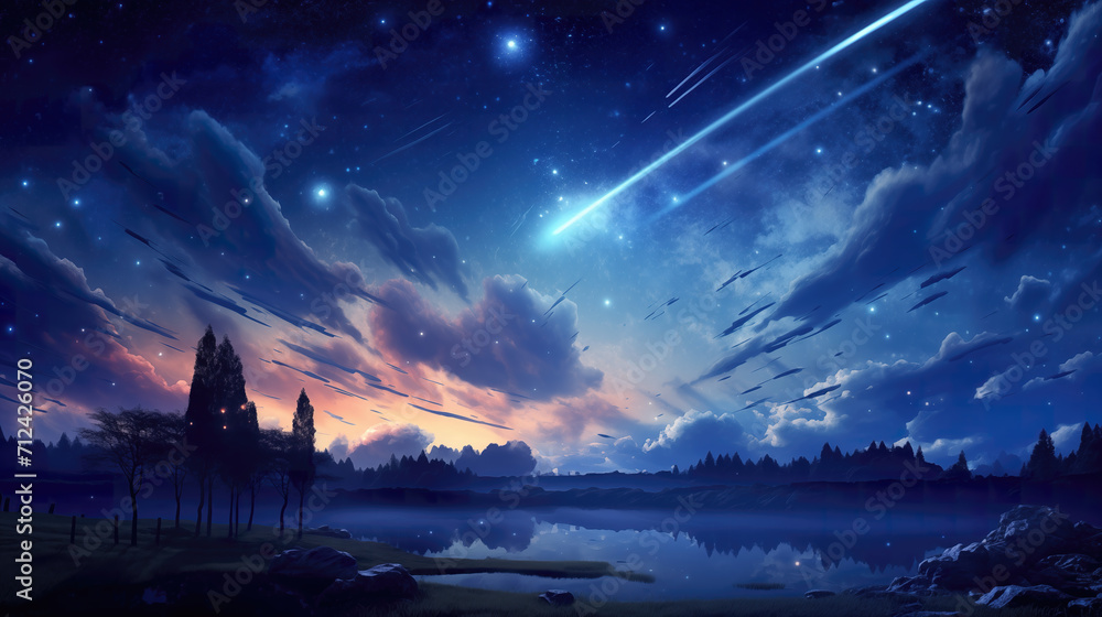 beautiful anime manga inspired realistic shooting star on the sky - obrazy, fototapety, plakaty 
