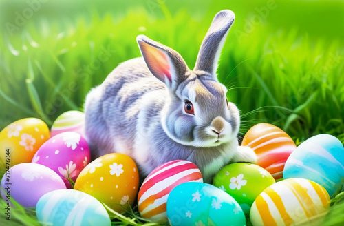 A cute gray rabbit on the green grass among colorful Easter eggs on a bright sunny day. 