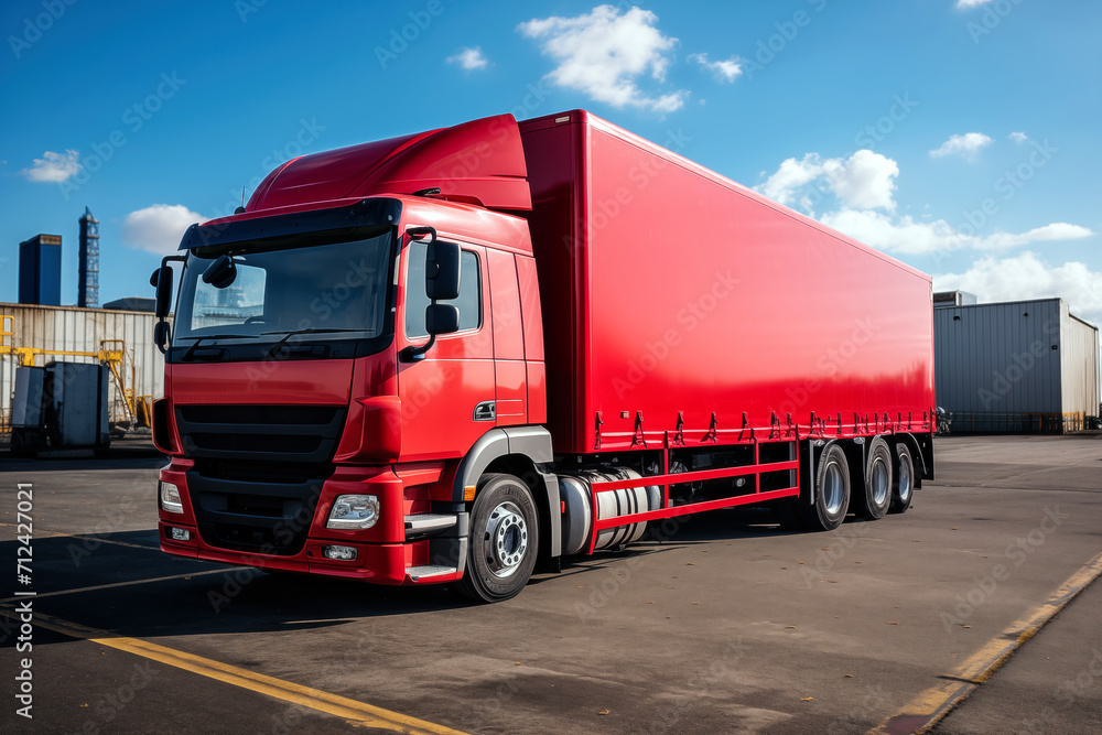 Red delivery cargo truck with long empty trailer with mockup space, industrial background Red delivery cargo truck with long empty trailer with mockup space, industrial background