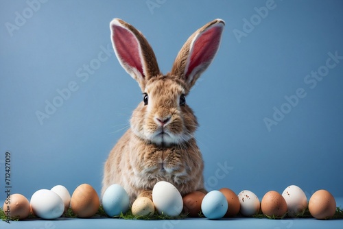 easter bunny with egg on blue, card designs © Artem Sitnik