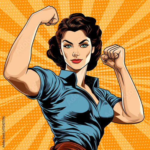 Woman shows her biceps, demonstrating her feminine strength. Gender equality concept. Vector illustration in comic style
