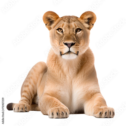 Portrait of a lioness sitting, isolated on transparent background