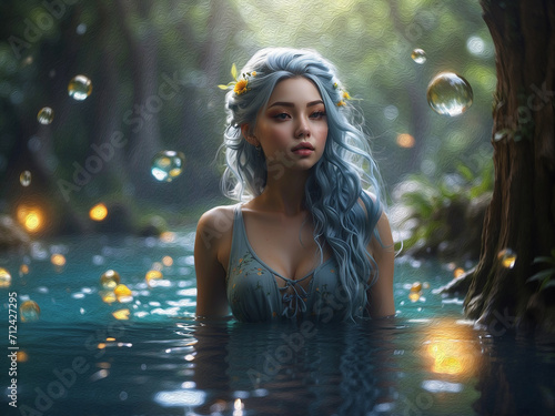 A girl with blue hair in a forest lake