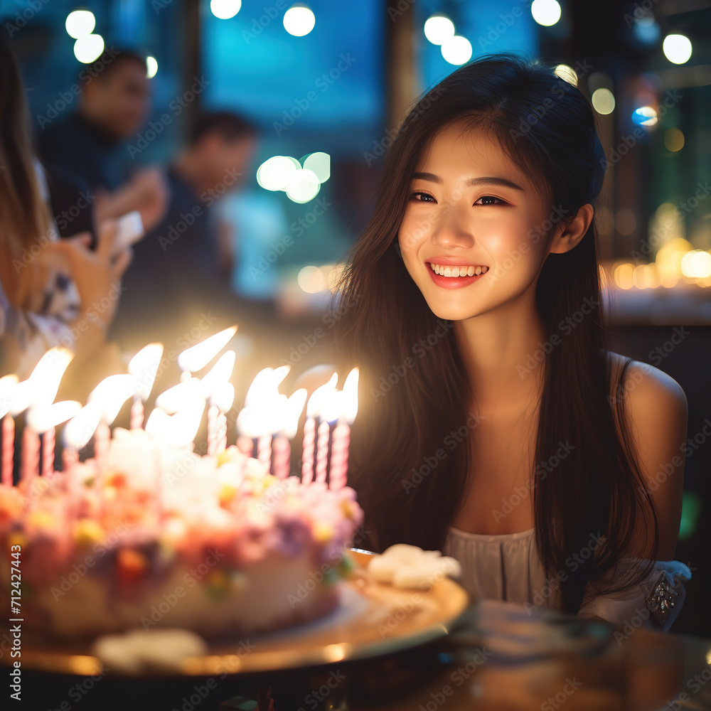 Happy smiling Asian young woman looking on birthday cake with candles while celebrating in cafe