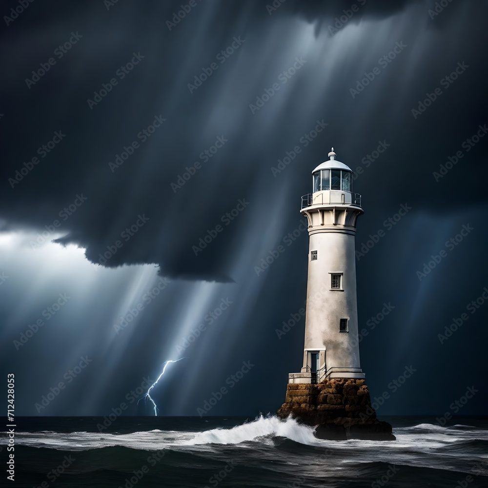 A solitary lighthouse standing tall against the backdrop of a dramatic, stormy sky, its beam cutting through the darkness