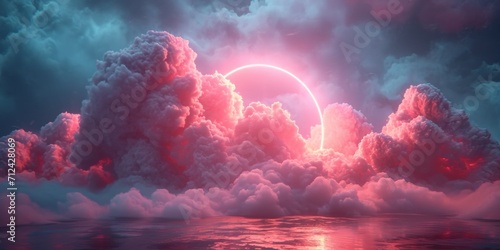 Abstract neon background with illuminated cloud and round geometric arch. Mystical foggy scene.