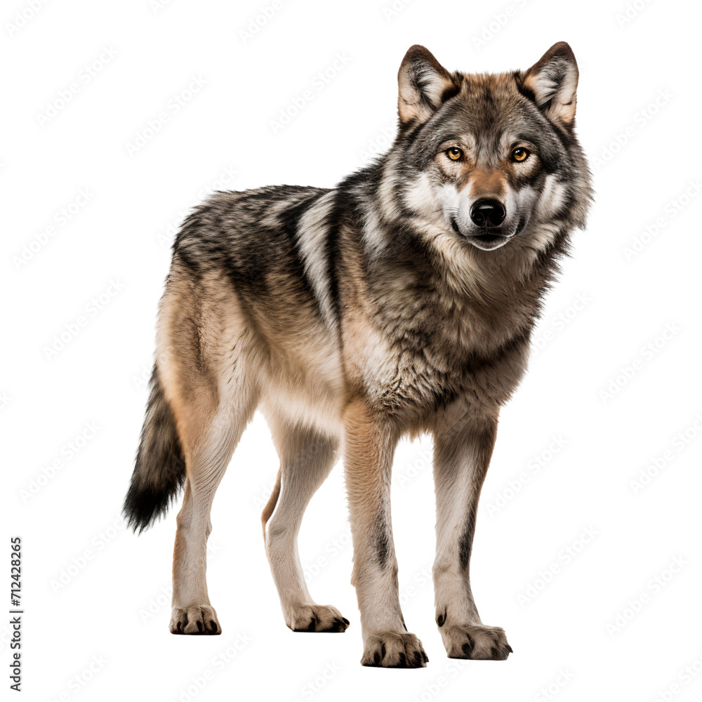 Full body portrait of a wolf, isolated on white background