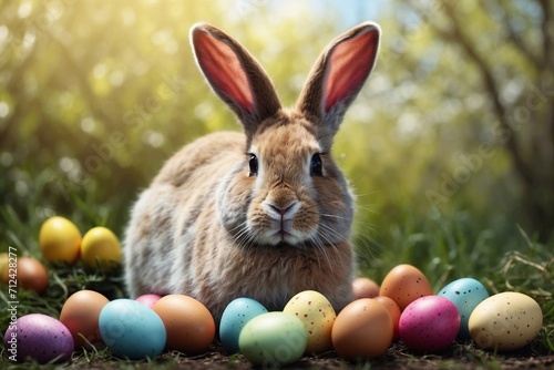 easter bunny with easter egg on green nature backdrop, perfect for greetings © Artem Sitnik
